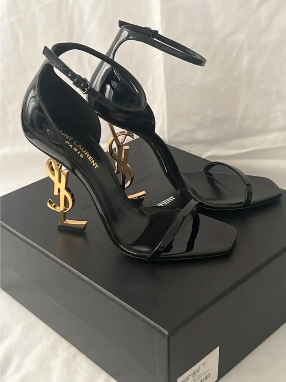 Saint Laurent Black Patent Opyum Logo-Heel Sandals